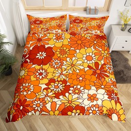 Boho Floral Bedding Set Double Retro Groovy Flowers Duvet Cover 60S 70S Hippie Flower Power Comforter Cover For Kids Girls Women Groovy Natural Garden Botanical Quilt Cover 2 Pillow Cases Orange Brown