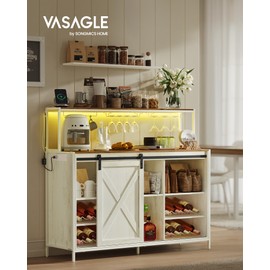 VASAGLE Coffee Bar Cabinet with Power Outlet and Voice Control LED Light, Buffet Cabinet with Sliding Barn Doors, S Hooks, Wine Glass Racks, Bottle Holders, Rustic White and Honey Brown ULSC201W01