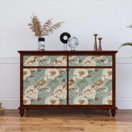 Laatse Blue Gold Birds Peel and Stick Wallpaper, Antique Floral Contact Paper 17.5" x 118" Vintage Vinyl Wall Paper Removable Self-Adhesive Waterproof for Room Shelves Cabinet Drawer Table Decor