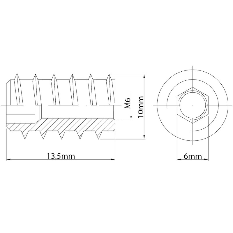 M6 x 10mm x 13.5mm Threaded Wood Insert Nut With