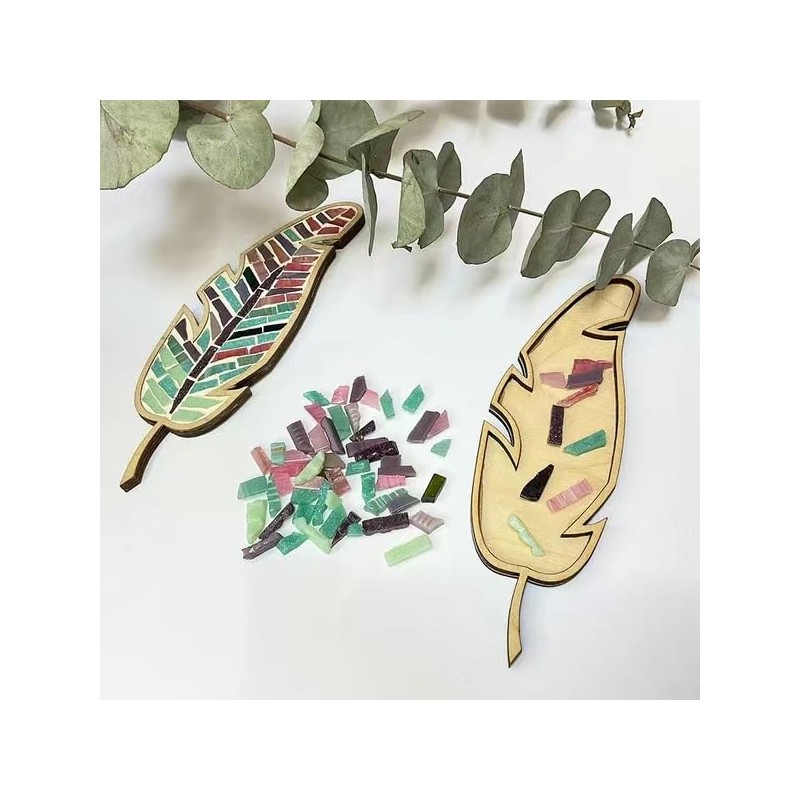 DIY Mosaic Feather Art Kit, Wooden Base with Colorful Glass