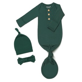 Newborn Baby Knotted Gown, Super Soft Silky Infant Long Sleeve Sleeper with Tie Bottom, Baby Girl and Boy Sleep Gown with Mittens, Bow, and Matching Hat Set Peacock Green