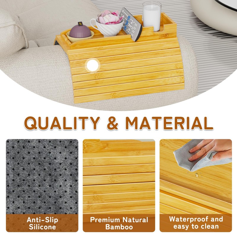 Bamboo Sofa Arm Tray 2-in-1 Couch Armrest Table with Detachable