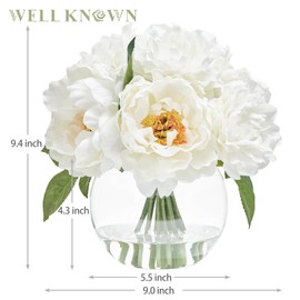 WELL KNOWN Artificial Flowers in Vase, Peonies Artificial Flowers for vase with Faux Water for Coffee Table Decor, Silk Fake Flower Arrangements Peonies Table Centerpieces (White)