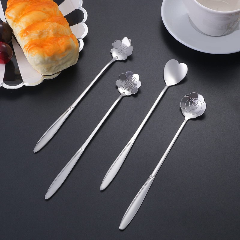 NMQLX Dessert Spoon Set, 6-16 Pcs 7" flower Shape Stainless