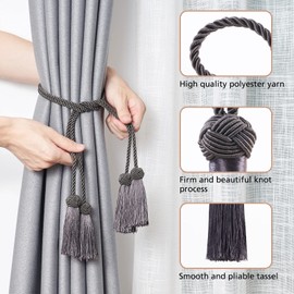 Pretty Jolly 2 Pack Double-ended Tassel Curtain Tiebacks Handmade Braided Rope Knot Drape Tie Backs European Style Decorative Curtain Holdbacks for Home & Office Window Drapery (Dark Grey)
