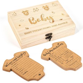Lesnala 42Pcs Baby Prediction Cards with Wood Box Shower Decorations Advice Table for Games Gender Neutral Guessing Activities Set 5.12 X 6.5inch Kraft
