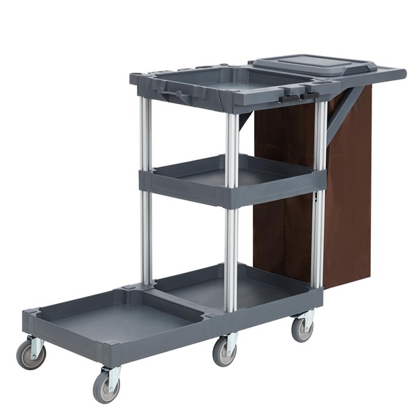 Commercial Janitorial Cart with Wheels,3-Layer Shelves Cleaning Cart,Trash Can Cart,Suitable