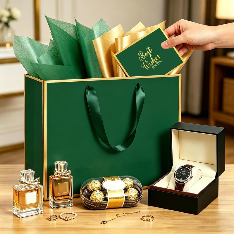 Epoesch 3 Pack Green Medium Gift Bags with Handles and