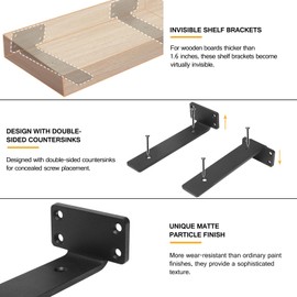 HITOMEN Heavy Duty Floating Shelf Brackets, 8-Inch (1/5'' Thick) Hidden Shelves Hardware, Cast Iron L Brackets, Rustic Industrial Black Metal Wall Shelving Supports, 4 Pack