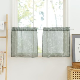 PONY DANCE Net Curtains Sage Green Curtain Short Window Transparent Kitchen Curtain with White Leaf Pattern Set of 2 W 60 x H 90 cm Linen Look Curtains with Rod Pull