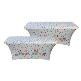 2 Pack Happy Birthday 6 Foot Spandex Tablecloth – Stretch Fitted 6FT Table Cover, Wrinkle-Free, Reusable & Durable for Birthday Parties, Indoor & Outdoor Decor