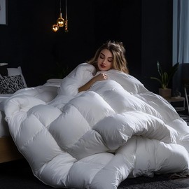 C&W White Goose Down Comforter Queen Size, 90x90 inches, 50 oz Fill Weight, 750 Fill Power, 100% Cotton Cover, 3D Baffle Box, Highly Fluffy 90% Down, Winter Weight, White