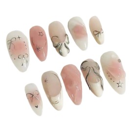 24 Piezas De Uñas En Forma De Almendra Con Lazo Y Estrella 3