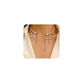 Goth Pearl Cross Necklaces for Women,Retro Silver Crystal Crucifix Pendant Choker Necklace,Chunky Pearl Beaded Stackable Necklaces Baptism Gifts (Silver2)