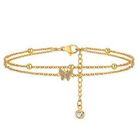 14k Gold Plated Butterfly Cubic Zirconia Dainty Link Anklet Beads Double Layered Bracelets Butterfly Anklet for Women Gilrs Boho Beach Jewelry Gifts-Gold