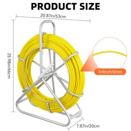 Teodute Fish Tape Fiberglass, 500FT, 1/4in, Duct Rodder Fish Tape Wire Puller, Electrical Fish Tape Cable Running Rod with Steel Reel Stand, Fishing Tools for Walls & Electrical Conduit