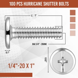 Blulu 100Pcs 1/4"-20 Hurricane Shutter Bolts, Sidewalk Screws Bolts Truss Head Shutter Screws 304 Stainless Steel for Installing Hurricane Panels to Storefronts and Sliding Glass Doors(1/4"-20 x 1)