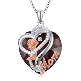 Flpruy Mom Necklace Mothers Day Gifts for Mom Sterling Silver Mother Necklace June Birthstone Necklace Amethyst Heart Rose Pendant I Love You Mom Jewelry Birthday Valentins Gifts for Women Mom Mother