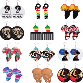 12 Pairs African Map Wooden Round Earrings Statement Natural Wooden Painted Earrings Ethnic Style Drop Dangle Earrings Set