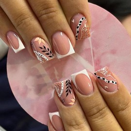 Short Press on Nails Square Fall Fake Nails White French Tip with Designs Leaf Pattern False Nails Glitter Design Glossy Acrylic Nails Full Cover Stick on Nails for Women,24pcs