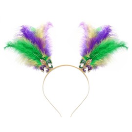 YAHPERN Mardi Gras Headbands for Women Mask Fleur De Lis Hairband Carnival Feather Headwear Mardi Gras Hair Accessory Gifts