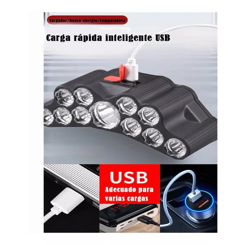 Dolores Lampara Táctica Cabeza Recargable Usb 11 Led Linterna Minera