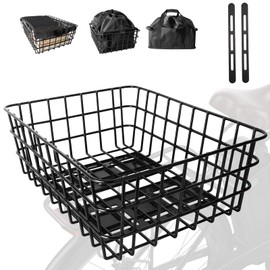 Bike Basket Rear,Rear Rack Bike Basket with All-in-One Waterproof Liner and Cargo Net,Heavy Removable Solid Metal Bicycle Basket for Most Bikes and E-Bike