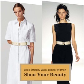 Glamorstar Women Wide Stretchy Belts for Dresses Elastic Vintage Waist Belts Beige Gold 80cm/32in