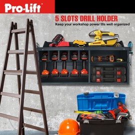 Pro-Lift Cordless Drill Organizer – wall mount power tool storage rack, 5 hanging slots, wooden M-004W1