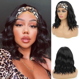 mcriley Headband Wig Short Wavy Bob Wigs for Black Women Natural Curly Wigs with Headband Shoulder Length Wigs Natural Black 14 Inch Glueless Wigs for Daily Wear