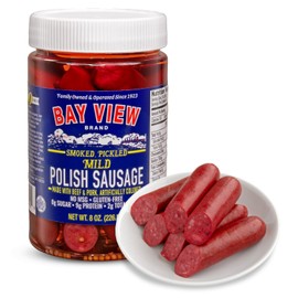 NEW PACKAGING Bay View Smoked Pickled Polish Sausage, No MSG, Gluten Free, No Soy, 0g Sugar, 9g Protein, Hardwood Smoked, Mouthwatering Pickled Snack (8 Ounce, Mild)