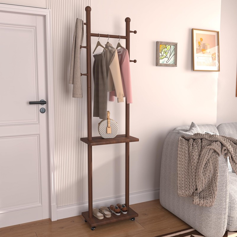 PZDJUMO Solid Wood Coat Rack Clothes Rack with Wheels &