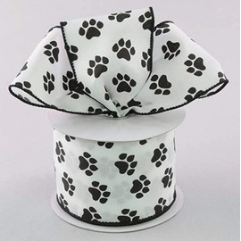 White Satin with Black Paw Prints 2.5" Wired Paw Print Ribbon 10 Yards / 30 Feet of 2.5 Inch Wire Edged Paw Print Ribbon
