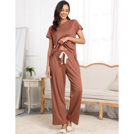 BAJAOEY Womens Pajama Sets 2 Pieces Lounge Sets for women Short Sleeve Top with Long Pajama Pants Soft Sleepwear Pj Sets S Red-brown