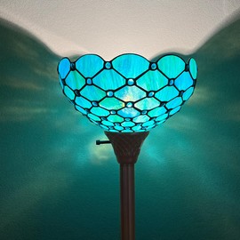 Capulina Tiffany Torchiere Floor Lamp 69 Inches Tall Industrial Pole Seagrass Blue Beads Style Stained Glass Standing Light for Home Office Living Room Bedroom
