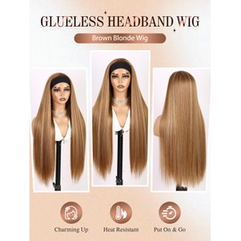 WIGNEE 32 Inch Long Straight Headband Wig Honey Blonde Synthetic Wigs for Black Women Glueless Half Wig Heat Resistnt Fiber Daily Part Use