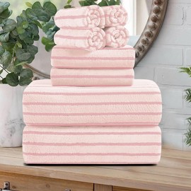 Pink Cabana Stripe Large Bath Towel Set - 8pc, Includes 2 Bath Sheets, 2 Hand Towels, 4 Washcloths, Soft, Absorbent, Quick Dry, Ideal for Spa, Gym or Hotel