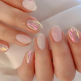 24 Pcs Aurora Press on Nails Short Oval Almond,ZWENJIE Cute Pink Fake Nails Press ons Nail Kit Tips with Glitter Bling Design Full Cover Acrylic Glossy False Nails Glue on Nails for Women Manicure