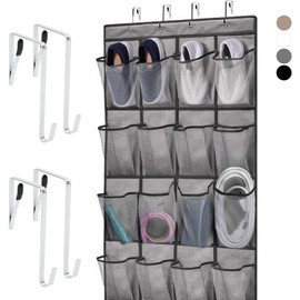 HOME GENIE Over the Door Hanging Shoe Organizer, 24 Breathable Mesh Pockets, Closet Rack Storage Holder, Stay in Place Hooks Hang on Closets, Hanger Holds Up to 40 lbs for Shoes, Accessories, Gray