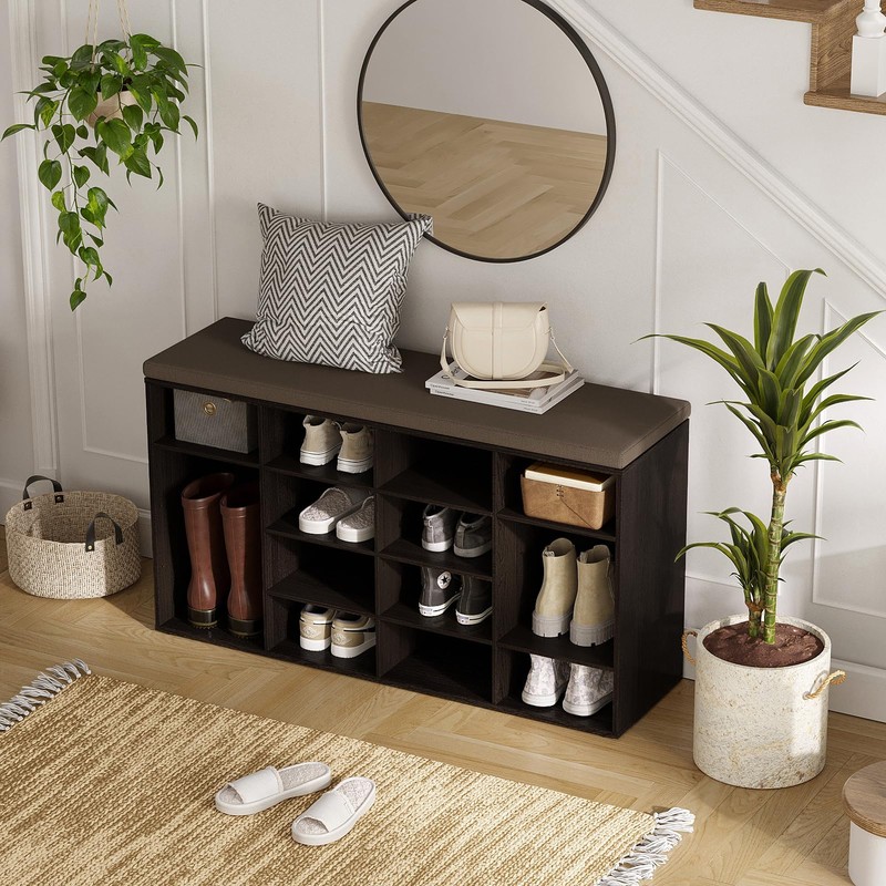 DINZI LVJ Shoe Storage Bench with Cushion, 16-Cubby Shoe Rack,