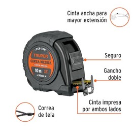 Truper FCN-10M, Flexmetro contra impactos 10 m Cinta Negra 32 mm                                                                                      