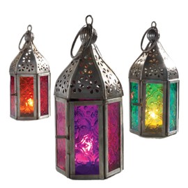 Moroccan Glass Lantern, Handmade Metal and Tonal Glass, 15 cm Height, (1 lamp) (Red)