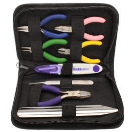The Beadsmith Mini Color-ID Set – 3”, 8-Pieces Includes: Chain Nose, Round Nose, Side Cutter, Flat Nose, Nylon Jaw Flat Nose, Tweezers, Thread Snippers, Bead Scoop & Canvas Case – for Jewelry Making