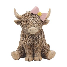 The Leonardo Collection Happy Highland Cow - Pretty in Pink - Highland Cow Sitting with Bow Figurine, LP73652