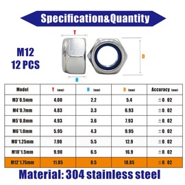 M12x1.75mm Nylon Insert Hex Lock Nuts 12 Pack 304 Stainless Steel DIN985 Self-Locking Nylon Lock Nuts Plain Finish for Industrial Construction Fasteners