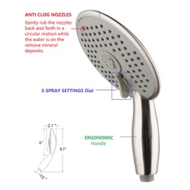 Ana Bath Anti-Clog Wide/Big High Pressure 6-Inch 3-Function Showerhead with Handheld Combo - Extra Long 8 Foot Stainless Steel Shower Hose/Brass Connector/Spot Resist Brushed Nickel Finish SS323224CBN