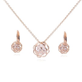 Rose Gold Plated Jewellery Set Necklace and Earrings Azuria Women 18K Gold Plated White Crystal Roses Flowers Necklace Earrings Set for Women Wedding Party Bridal Bridesmaid Accessories Floral Design (Rose Gold)