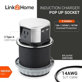 Link2Home 2 Pack Space Saver Pop Up Outlet with USB, 3 Power Outlets 15A, 2 USB Ports 2.4A Fast Charge, Splash Resistant, Stainless-Steel Finish, for Kitchen Counter Island, Office Table and Workshop