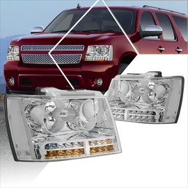 PM PERFORMOTOR Headlights Assembly Compatible with 2007-2014 Chevy Tahoe Suburban 1500/2007-2013 Chevy Avalanche Suburban 2500, Headlamps with LED DRL, Chrome Housing/Clear Lens